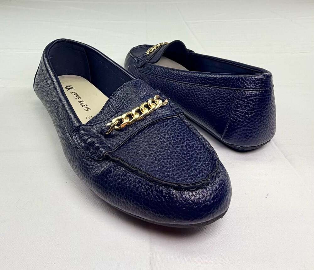 Anne Klein Navy Blue Leather Loafers with Gold Chain Detail 9.5